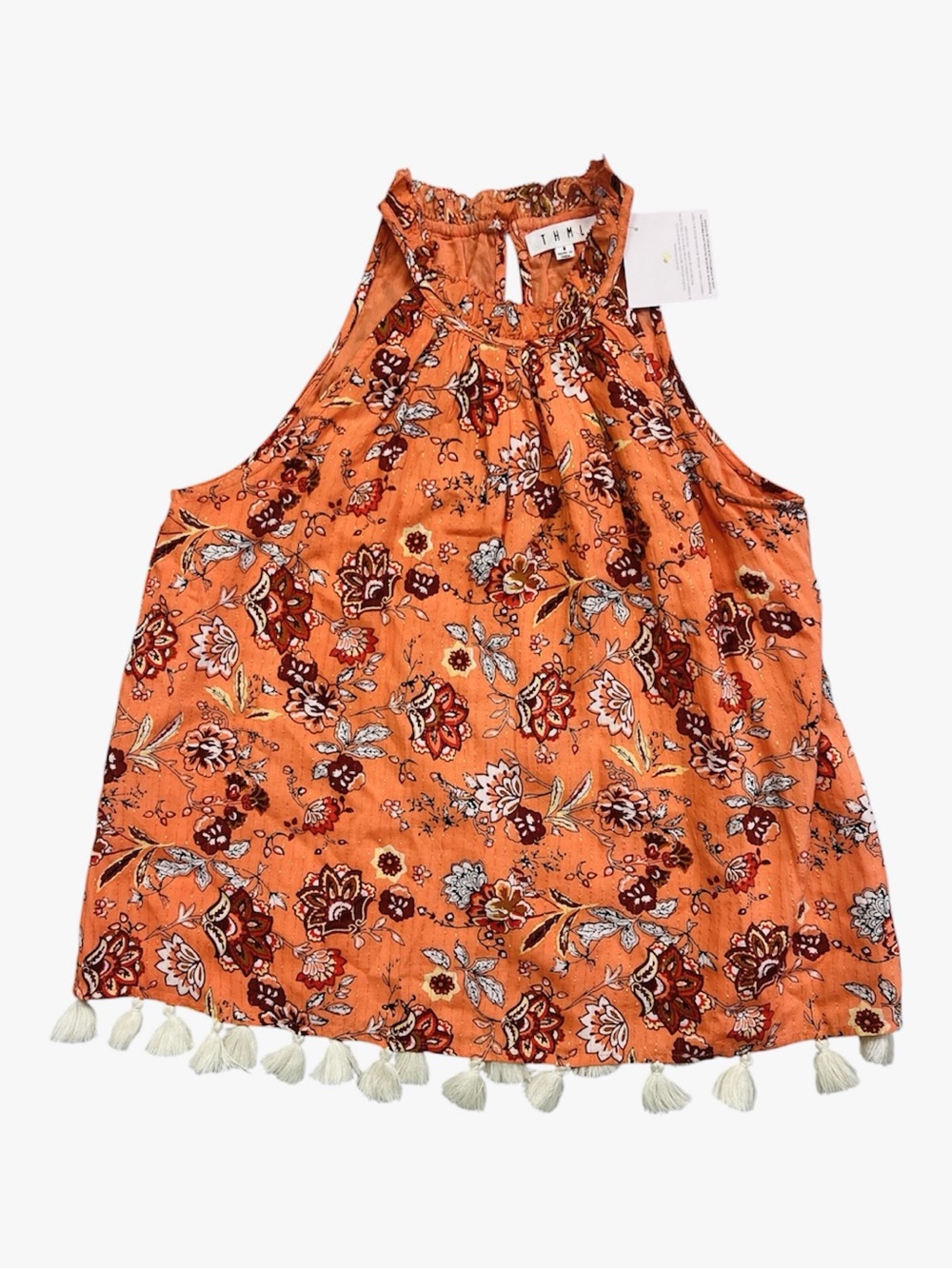 THML Peach Orange Floral Halter Camisole with Tassel Hem